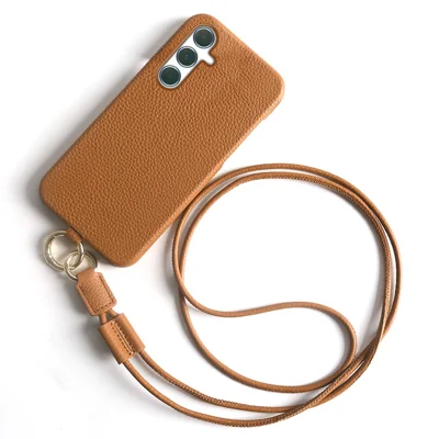 For Samsung Galaxy A55 5G Case with Lanyard Genuine Cow Leather PC Phone Back Cover - Brown