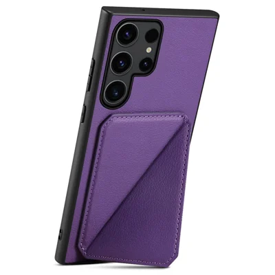 For Samsung Galaxy S25 Ultra Case Card Holder Kickstand Calf Textured Leather + PC + TPU Phone Cover - Purple