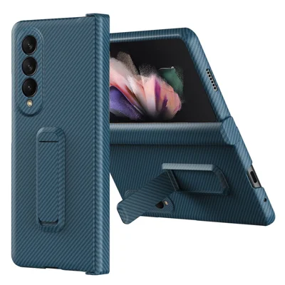 Drop-proof Phone Case for Samsung Galaxy Z Fold4 5G, Carbon Fiber Texture Protective Phone Cover with Kickstand - Cyan