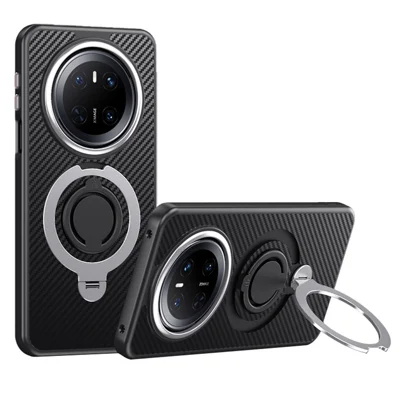 For Huawei Mate 70 Magnetic Case Kickstand Carbon Fiber Texture PC + TPU Back Cover with Silicone Ring - Silver