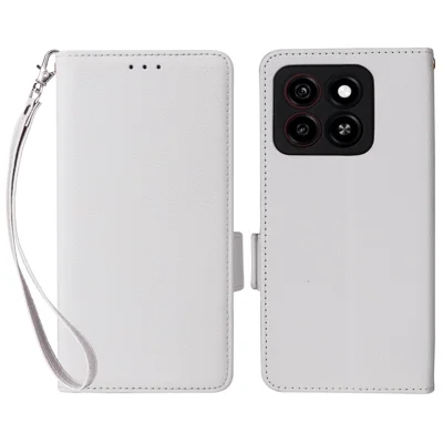 For ZTE Blade A35 / Blade A55 Case with Wrist Strap Litchi Texture PU Leather Wallet Phone Cover - White