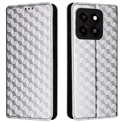 For ZTE Blade A35 / Blade A55 Wallet Case Rhombus Imprinted Leather Phone Cover - Silver
