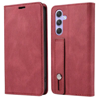 For Samsung Galaxy S25+ Case Wristband Design Stand Magnetic Leather Phone Wallet Cover - Red
