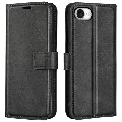 For iPhone 17e / 16e Stand Case Anti-Scratch Calf Texture Leather Phone Cover - Black