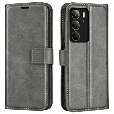 For Realme C75 4G Stand Case Anti-Scratch Calf Texture Leather Phone Cover - Grey