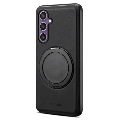 DENIOR A14 For Samsung Galaxy S23 FE Magnetic Case Rotary Kickstand Leather PC TPU Phone Cover - Black