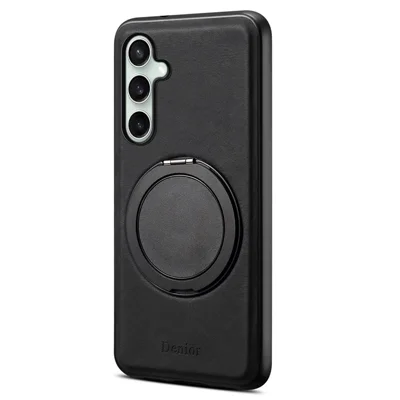 DENIOR A14 For Samsung Galaxy S24 FE Magnetic Case Rotary Kickstand Leather PC TPU Phone Cover - Black