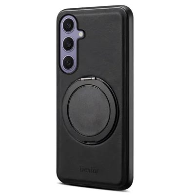 DENIOR A14 For Samsung Galaxy S24+ Magnetic Case Rotary Kickstand Leather PC TPU Phone Cover - Black