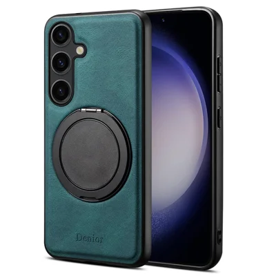 DENIOR A14 For Samsung Galaxy S25+ Magnetic Case Rotary Kickstand Leather PC TPU Phone Cover - Blue