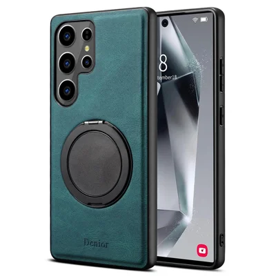 DENIOR A14 For Samsung Galaxy S25 Ultra Magnetic Case Rotary Kickstand Leather PC TPU Phone Cover - Blue