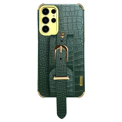 For Samsung Galaxy S25 Ultra Case Wristband Kickstand Crocodile Texture PU + TPU Electroplating Phone Cover - Green