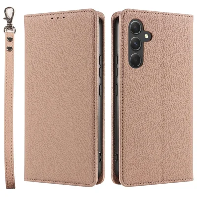 For Samsung Galaxy A16 5G  /  4G Case Magnetic Litchi Texture Wallet Leather Phone Cover with Wrist Strap - Flesh Color