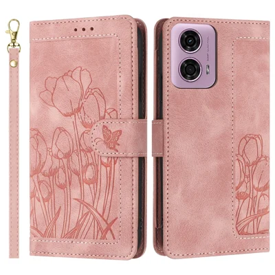 For Motorola Moto G 5G (2024) Tulip Leather Case Phone Cover with 5 Card Slots Wallet - Pink