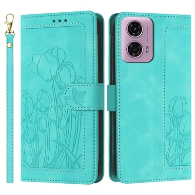 For Motorola Moto G 5G (2024) Tulip Leather Case Phone Cover with 5 Card Slots Wallet - Green