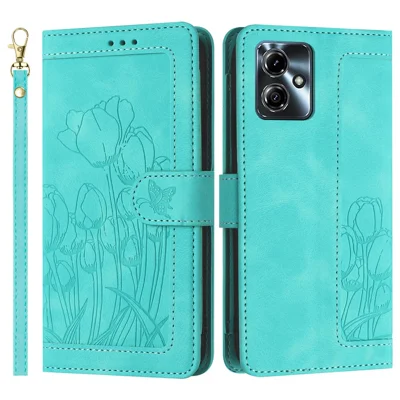 For Motorola Moto G14 4G Tulip Leather Case Phone Cover with 5 Card Slots Wallet - Green