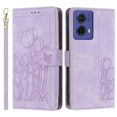 For Motorola Moto G85 5G / S50 Neo 5G Tulip Leather Case Phone Cover with 5 Card Slots Wallet - Purple