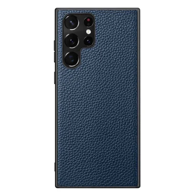 For Samsung Galaxy S24 Ultra Case Litchi Texture Genuine Leather Coated PC + TPU Phone Back Cover - Blue