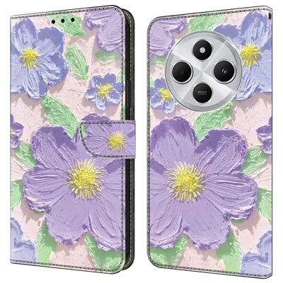 Leren hoesje voor Xiaomi Redmi 14C 4G / Redmi 14R 5G / Poco C75 4G, patroonbedrukking, anti-val, flip portemonnee telefoonhoesje - olieverfschilderij paarse bloemen