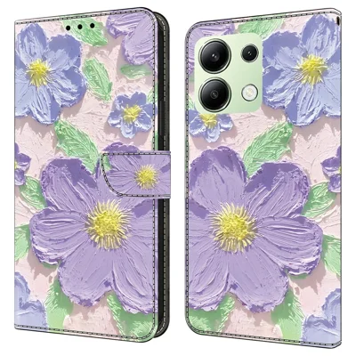 For Xiaomi Redmi Note 13 4G Case Pattern Printing Anti-Drop Leather Flip Wallet Phone Cover - Oil Painting Purple Flowers