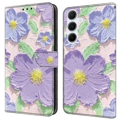 For Samsung Galaxy A56 5G  /  A36 5G Case Pattern Printing Anti-Drop Leather Flip Wallet Phone Cover - Oil Painting Purple Flowers