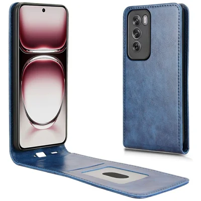 غطاء لهاتف Oppo Reno12 Pro 5G (عالمي) بفتحة بطاقة ومغناطيس وتصميم قلّاب رأسي من الجلد - أزرق داكن