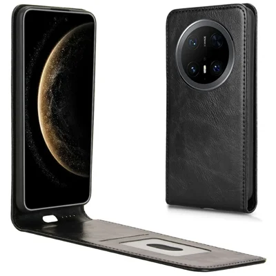 For Huawei Mate 70 Pro / Mate 70 Pro+ Case with Card Slot Magnetic Vertical Flip Leather Phone Cover - Black
