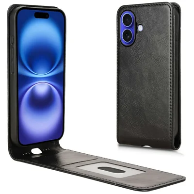 Voor iPhone 16 hoesje met kaartsleuf magnetische verticale flip lederen telefoonhoes - Zwart