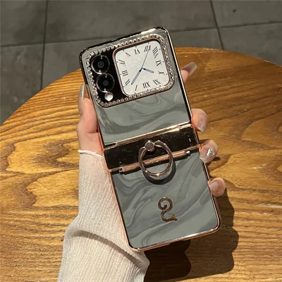 For Huawei nova Flip 5G Case Ring Holder Rhinestone Decor PU Leather PC Folding Phone Cover - Grey