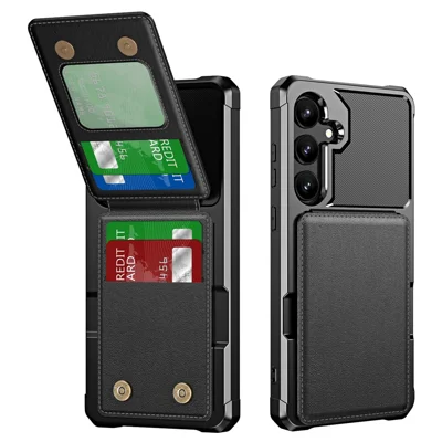 For Samsung Galaxy S25+ / S24+ Case with Card Slot Kickstand PU Leather + TPU Phone Cover - Black