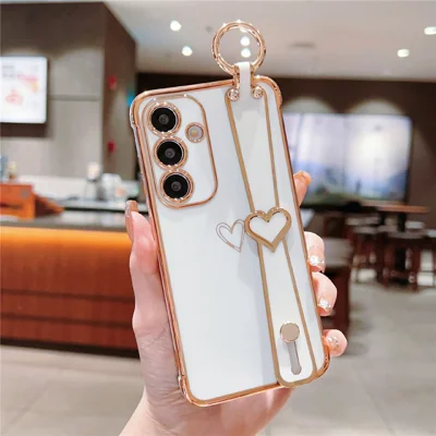 For Samsung Galaxy A55 5G Case Electroplated Heart Pattern TPU Phone Back Cover with Wristband Kickstand - Ivory White