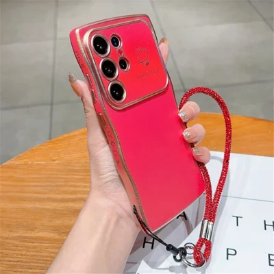 Samsung Galaxy S24 Ultra hoesje met draagkoord TPU telefoonhoesje met schitterend ontwerp, krullend vorm, liefdeshart - Kleurrijk Rood