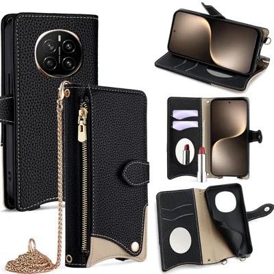 Voor Honor Magic7 5G Leren Hoesje Portemonnee Stand Cover met Onregelmatige Staartstijl en Kettingriem - Zwart