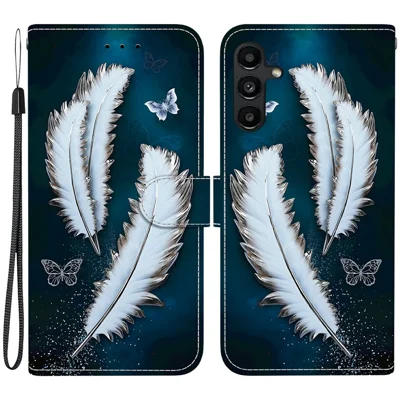 For Samsung Galaxy A15 5G  /  4G Case Pattern Printing Anti-Drop Leather Flip Wallet Phone Cover with Lanyard - White Butterfly Feather
