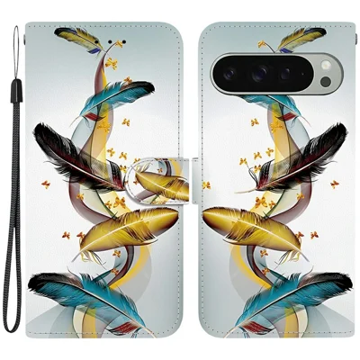 For Google Pixel 9 Pro  /  Pixel 9 Case Pattern Printing Anti-Drop Leather Flip Wallet Phone Cover with Lanyard - Golden Butterfly Feather