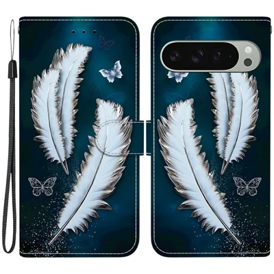 For Google Pixel 9 Pro  /  Pixel 9 Case Pattern Printing Anti-Drop Leather Flip Wallet Phone Cover with Lanyard - White Butterfly Feather