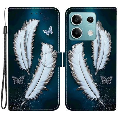 For Xiaomi Redmi Note 13 5G Case Pattern Printing Anti-Drop Leather Flip Wallet Phone Cover with Lanyard - White Butterfly Feather
