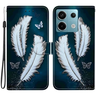 For Xiaomi Redmi Note 13 Pro 5G  /  Poco X6 5G Case Pattern Printing Anti-Drop Leather Flip Wallet Phone Cover with Lanyard - White Butterfly Feather