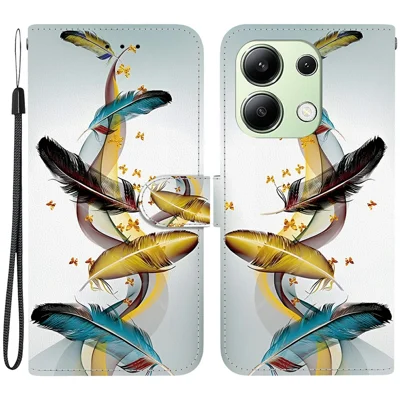 For Xiaomi Redmi Note 13 4G Case Pattern Printing Anti-Drop Leather Flip Wallet Phone Cover with Lanyard - Golden Butterfly Feather