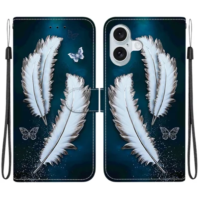 Voor iPhone 16 Plus hoesje met patroonprint, anti-val lederen flip portemonnee telefoonhoes met lanyard - witte vlinder veren