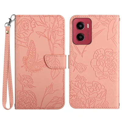 Voor Motorola Moto G05 4G hoesje van lederen telefoonhoes met bandje, vlinder en bloemenprint - Roze
