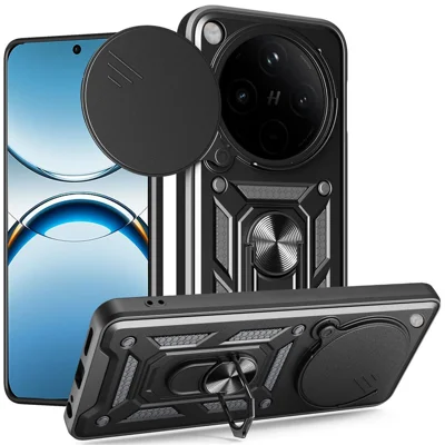 For Oppo Find X8 5G Case with Slide Camera Lid PC + TPU Kickstand Phone Cover - Black