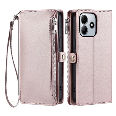 015 Style Voor Xiaomi Redmi Note 14 5G Hoesje TPU+PU Leren Portemonnee Hoest met Bandjes - Roségoud