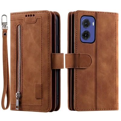 Voor Motorola Moto G05 4G hoesje PU-leer telefoonhoes met ritsportemonnee 9 kaartsleuven - Bruin