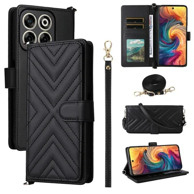 For ZTE Blade V70 / nubia V70 Wallet Case with Shoulder / Wrist Strap Leather Phone Cover Stand - Black