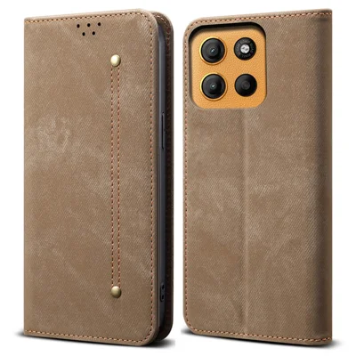Voor Motorola Moto G15 4G hoesje met stofjeansstructuur, anti-kras leren standaard telefoonhoes - Kaki