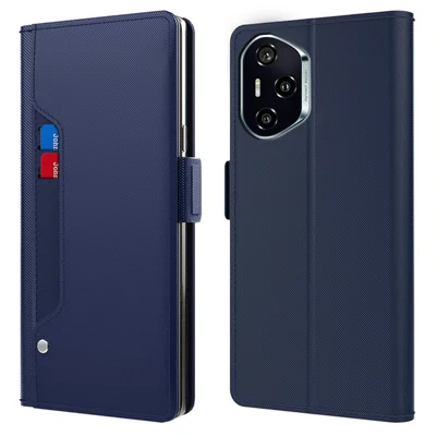 Fodral för Honor 300 Pro / 300 Ultra, ställfodral i PU-läder med kortfack och spegel - Blå