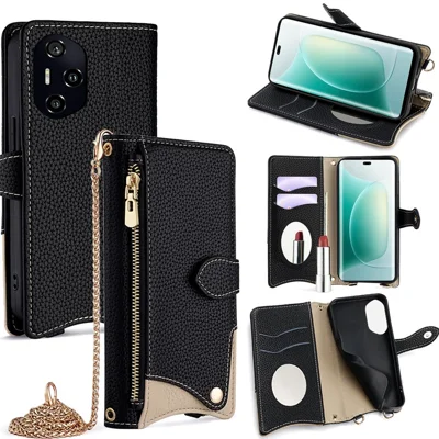 For Honor 300 Pro Leather Case Wallet Stand Cover Irregular Tail Style with Chain Strap - Black