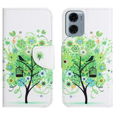 For Motorola Moto E15 4G  /  G05 4G Leather Case Pattern Printing Cross Texture Phone Cover - Green Tree