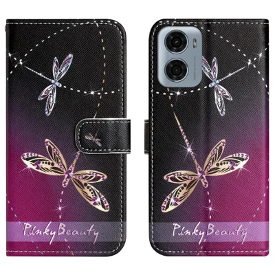 For Motorola Moto E15 4G  /  G05 4G Case Pattern Print PU Leather Wallet Phone Cover Cross Texture - Dragonfly
