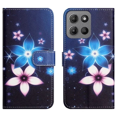 For Motorola Moto G17 Power 4G / G17 4G / G15 4G / G15 Power 4G Case Pattern Print PU Leather Wallet Phone Cover Cross Texture - Blue Flower